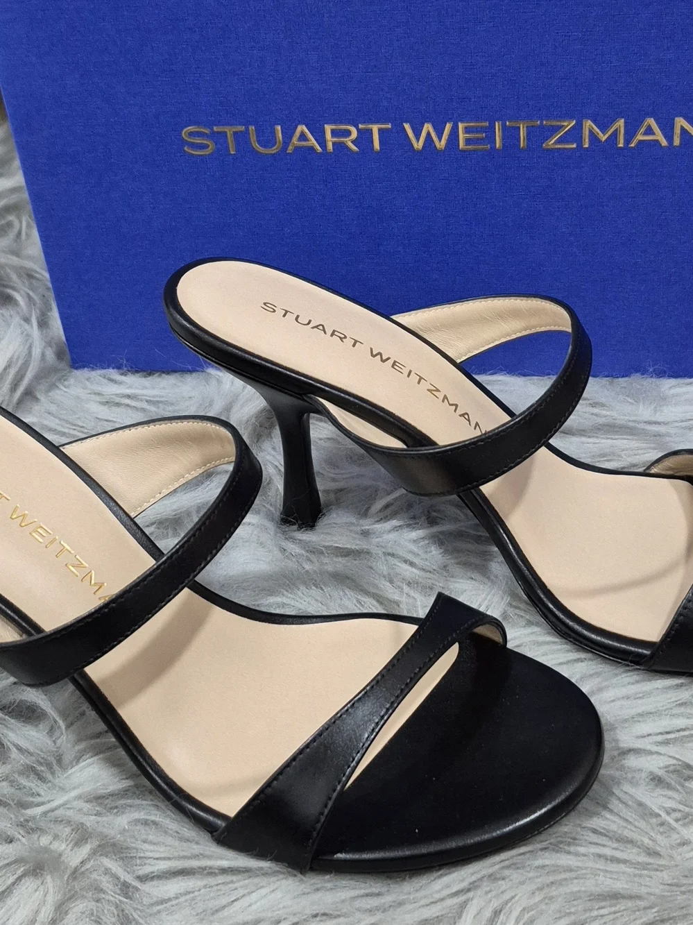 STUART WEITZMAM Nudist Slide 85 Black Suede Strappy High-Heel Sandals Size 7.5B